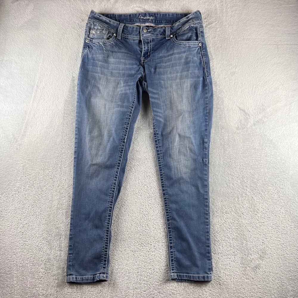 Amethyst Jeans Medium Wash Contrast Stitch Embroidered womens 14 fits 34x29